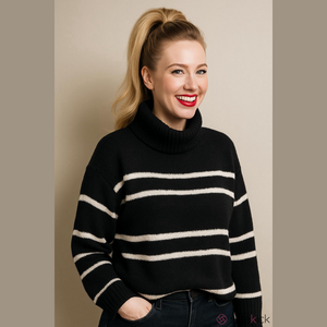 Women's Black and White Turtleneck Sweater